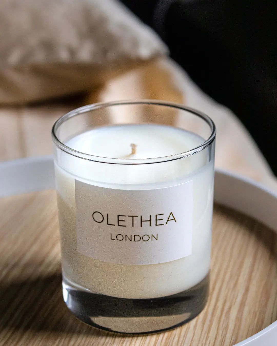 Pure Elegance - Olethea London - Soy wax Candle on top of tray